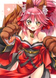 Rule 34 | &gt;:d, 10s, 1girl, :d, acrylic paint (medium), animal ears, animal hands, bare shoulders, bell, blush, bow, breasts, claws, cleavage, collar, detached sleeves, fang, fate/extra, fate/grand order, fate (series), female focus, fox ears, fox tail, hair bow, hair ribbon, japanese clothes, jingle bell, kimono, large breasts, marker (medium), millipen (medium), neck bell, obi, open mouth, painting (medium), pink hair, ponytail, ribbon, sash, smile, solo, tail, tamamo (fate), tamamo cat (fate), tamamo cat (first ascension) (fate), tamamo no mae (fate/extra), traditional media, type-moon, v-shaped eyebrows, yellow eyes, yuto cafe