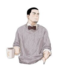 Rule 34 | 1boy, aran sweater, black hair, bow, bowtie, brown bow, brown bowtie, cable knit, chengongzi123, closed mouth, coffee, coffee mug, collared shirt, contemporary, crescent, cropped torso, cup, facial hair, goatee stubble, golden kamuy, green eyes, grey sweater, hand up, highres, holding, holding cup, looking to the side, male focus, mug, shirt, short hair, simple background, solo, stubble, sweater, tsukishima hajime, very short hair, white background