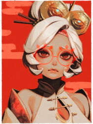Rule 34 | 1girl, \m/, bellhenge, blush, bow-shaped hair, closed mouth, double \m/, eye print, eyelashes, eyeshadow, glasses, gold headwear, hands up, headband, japanese clothes, kimono, lipstick, looking at viewer, makeup, mask, mask on head, nintendo, purah, red-framed eyewear, red background, red eyes, red eyeshadow, red headband, red lips, red trim, round eyewear, shadow, short hair, smile, solo, the legend of zelda, the legend of zelda: tears of the kingdom, two-tone background, upper body, white hair, white trim