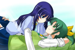 Rule 34 | 10s, 2girls, aoki reika, blue eyes, blue hair, blush, eye contact, girl on top, grass, green eyes, green hair, green necktie, green sweater vest, hair ornament, hairclip, hand on own ass, happy, long hair, looking at another, lying, midorikawa nao, multiple girls, necktie, nishi koutarou, ponytail, precure, school uniform, sleeves rolled up, smile, smile precure!, sweater vest, yuri