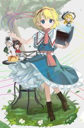 Rule 34 | 1girl, alice margatroid, blonde hair, blue dress, blue eyes, book, boots, brown footwear, capelet, character doll, closed mouth, coffee, cross-laced footwear, cup, dress, flower, food, full body, grimoire of alice, hairband, hakurei reimu, highres, holding, holding book, jewelry, keiki8296, kirisame marisa, konpaku youmu, lace-up boots, pancake, puppet rings, red hairband, ring, short hair, smile, solo, touhou, tree, white capelet, white flower