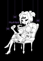 Rule 34 | arthropod girl, black background, bloomers, bug, chair, character name, crossed legs, cup, doughnut, extra arms, extra eyes, fangs, food, high heels, insect girl, monster girl, muffet, puffy short sleeves, puffy sleeves, short hair, short sleeves, short twintails, sitting, solo, spider, spider girl, teacup, teapot, twintails, undertale, underwear