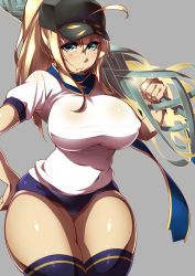 Rule 34 | 1girl, ahoge, artoria pendragon (fate), artoria pendragon (lancer) (fate), blonde hair, blue eyes, blush, breasts, cleavage, cosplay, curvy, fate/grand order, fate (series), gensui (auoua), gym uniform, hat, highres, lance, large breasts, long hair, looking at viewer, mysterious heroine x (fate), mysterious heroine x (fate) (cosplay), polearm, rhongomyniad (fate), scarf, solo, thick thighs, thighhighs, thighs, weapon, wide hips