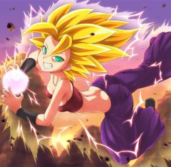 Rule 34 | 10s, 1girl, ass, aura, baggy pants, bare shoulders, blonde hair, breasts, butt crack, caulifla, chocokin, chromatic aberration, crop top, dragon ball, dragon ball super, electricity, energy ball, floating, green eyes, grin, highres, looking at viewer, medium breasts, pants, parted bangs, purple pants, sky, smile, solo, spiked hair, super saiyan, super saiyan 2