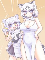 Rule 34 | 2girls, :&lt;, alternate costume, animal ears, bare arms, bare shoulders, behind another, black hair, blue eyes, bracelet, breasts, byakko (kemono friends), cat girl, china dress, chinese clothes, claw pose, cleavage, cleavage cutout, closed mouth, clothing cutout, commentary request, covered navel, dress, emphasis lines, fangs, hair rings, hand up, hands on own hips, height difference, heterochromia, highres, jewelry, kemono friends, large breasts, leaning to the side, long dress, medium hair, miniskirt, multicolored hair, multiple girls, open mouth, short dress, short twintails, side slit, skirt, skirt under dress, sleeveless, sleeveless dress, smile, standing, streaked hair, tail, tiger ears, tiger girl, tiger tail, twintails, two-tone hair, uho (uhoyoshi-o), v-shaped eyebrows, white hair, white tiger (kemono friends), yellow eyes