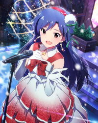 Rule 34 | 10s, 1girl, :d, blue hair, bow, brown eyes, collar, dress, earrings, elbow gloves, from above, gloves, hair ornament, hand on own chest, headband, heart, idolmaster, idolmaster (classic), idolmaster million live!, jewelry, kisaragi chihaya, lights, long hair, looking at viewer, looking up, microphone, microphone stand, music, official art, open mouth, ribbon, singing, sleeveless, smile, solo, stairs, standing, tree