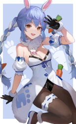 Rule 34 | 1girl, :d, animal ears, arm up, bare shoulders, black gloves, black leotard, blue hair, braid, breasts, bridal garter, brown pantyhose, carrot hair ornament, coat, detached sleeves, food-themed hair ornament, fur collar, fur trim, gloves, hair ornament, highres, hololive, leotard, looking at viewer, multicolored hair, open mouth, orange eyes, pantyhose, rabbit ears, shoes, sl86, small breasts, smile, solo, strapless, strapless leotard, twin braids, twintails, two-tone hair, usada pekora, usada pekora (1st costume), virtual youtuber, white coat, white footwear