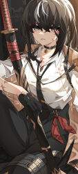Rule 34 | 1girl, absurdres, belt, belt collar, black belt, black eyes, black gloves, black hair, black necktie, black pants, breasts, brown jacket, cleavage, collar, collarbone, collared shirt, commentary request, earrings, gloves, half gloves, highres, holding, holding sword, holding weapon, jacket, jacket on shoulders, jewelry, katana, knees out of frame, looking at viewer, loose necktie, medium breasts, medium hair, multicolored hair, necktie, open clothes, open jacket, open mouth, original, pants, red pupils, scabbard, scar, scar on arm, scar on face, scar on shoulder, sheath, sheathed, shirt, sidelocks, sitting, solo, streaked hair, sword, thigh belt, thigh strap, tipang (gurimulguryo), weapon, white shirt