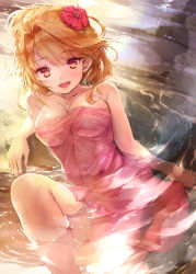 Rule 34 | 1girl, blonde hair, blush, braid, breasts, cleavage, commentary request, ek masato, from above, hair intakes, looking at viewer, onsen, outdoors, parted bangs, shironeko project, short hair, side braid, sierra (shironeko project), smile, solo, towel, water