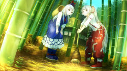 Rule 34 | 2girls, albino, alternate hairstyle, bamboo, bamboo forest, bent over, blue dress, blue hair, boots, bow, building, dress, dutch angle, forest, fujiwara no mokou, full body, hair bow, hair ornament, hat, highres, kamishirasawa keine, leaning forward, light particles, long hair, long sleeves, looking at viewer, multiple girls, nature, norishiro (gutter), ofuda, open mouth, outdoors, pants, ponytail, red eyes, shirt, smile, touhou, very long hair, vest, white hair