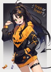Rule 34 | 1girl, ahoge, black hair, blush, candy, commission, demon horns, demon tail, dutch angle, fangs, food, green eyes, hair ornament, hand in pocket, highres, hood, hood down, hoodie, horns, hyanna-natsu, indie virtual youtuber, jack-o&#039;-lantern, jack-o&#039;-lantern hair ornament, long hair, open mouth, ponytail, tail, thigh strap, trick or treat, two-tone sweater, unethical (vtuber), virtual youtuber, wings