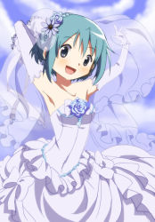 Rule 34 | 10s, 1girl, :d, alternate costume, arm behind head, armpits, bare shoulders, blue eyes, blue flower, blue hair, blue rose, blue theme, blush, bridal veil, cloud, day, dress, earrings, elbow gloves, flower, frills, fumiko (mesushi), gloves, happy, jewelry, mahou shoujo madoka magica, mahou shoujo madoka magica (anime), matching hair/eyes, miki sayaka, official style, open mouth, rose, short hair, sky, sleeveless, smile, solo, veil, wedding dress