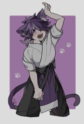 Rule 34 | 1boy, animal ears, arm up, black pants, blush, cropped legs, drruraguchi, fengxi (the legend of luoxiaohei), hair over one eye, highres, long hair, pants, paw print, purple background, purple hair, shadow, short sleeves, solo, tail, luo xiaohei zhanji