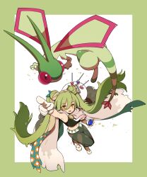 Rule 34 | 1girl, 1other, akimaru m, arm up, border, claws, creatures (company), crocs, crop top, double bun, dragon, dragon wings, flygon, flying, game freak, gen 3 pokemon, gloves, green border, green hair, green pants, ground miku (project voltage), hair between eyes, hair bun, hatsune miku, highres, holding, holding poke ball, long bangs, long hair, long twintails, looking at viewer, midriff, navel, nintendo, open mouth, orange eyes, outside border, pants, poke ball, pokemon, pokemon (creature), project voltage, twintails, very long hair, vocaloid, white footwear, white gloves, wings