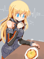 Rule 34 | 10s, 1girl, armor, bare shoulders, bismarck (kancolle), blonde hair, blue eyes, blush, breastplate, breasts, detached sleeves, female focus, food, german text, hat, kanoe soushi, kantai collection, large breasts, long hair, military, military uniform, no headwear, omelet, omurice, peaked cap, smile, solo, uniform