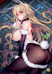 Rule 34 | 1girl, :o, animal ears, ass, back tattoo, bare shoulders, black pantyhose, blonde hair, blush, breasts, commentary request, detached sleeves, fake animal ears, fake tail, fate/grand order, fate (series), fishnet pantyhose, fishnets, fur-trimmed sleeves, fur trim, hair between eyes, hand on own chest, heart, heart in eye, highres, jeanne d&#039;arc (fate), jeanne d&#039;arc (ruler) (fate), large breasts, leotard, long hair, looking at viewer, lying, obiwan, on side, pantyhose, parted lips, playboy bunny, poker chip, poker table, purple eyes, rabbit ears, rabbit tail, revealing clothes, sideboob, signature, solo, symbol in eye, table, tail, tattoo, very long hair, white leotard