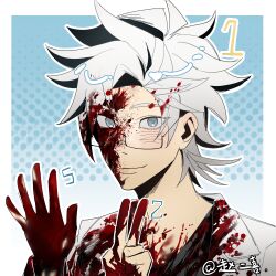 Rule 34 | 1boy, absurdres, black shirt, blood, blood in hair, blood on clothes, blood on face, blood on hands, blue eyes, chinese commentary, closed mouth, commentary request, dated, dbhid, glasses, hand gesture, highres, kanou aogu, long sleeves, male focus, open clothes, portrait, rectangular eyewear, saibou shinkyoku, semi-rimless eyewear, shirt, short hair, smile, solo, white hair