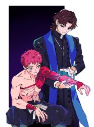 Rule 34 | 2boys, abs, blood, brown hair, cross, cross necklace, emiya shirou, fate/grand order, fate (series), glowing, glowing hand, habit, igote, jewelry, kotomine kirei, limited/zero over, male focus, multiple boys, necklace, outstretched arm, rasputin (fate), red hair, senji muramasa (fate), simple background, sujin, yellow eyes