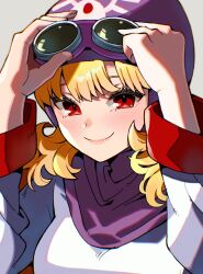 Rule 34 | 1girl, absurdres, blonde hair, closed mouth, commentary request, curly hair, dragon quest, dragon quest ii, goggles, goggles on head, goggles on headwear, grey background, highres, kuzuno ha, looking at viewer, princess, princess of moonbrook, red eyes, robe, simple background, smile, solo, white robe