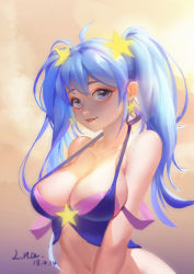 Rule 34 | 1girl, absurdres, arcade sona, artist name, bare arms, bare shoulders, blue eyes, blue hair, breasts, cleavage, dated, hair ornament, highres, jewelry, large breasts, league of legends, lna (lna384677861), long hair, looking at viewer, navel, solo, sona (league of legends), star (symbol), star hair ornament, twintails