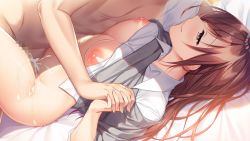 Rule 34 | 1boy, 1girl, ayase hazuki, bed sheet, bottomless, boy on top, breasts, brown hair, censored, closed mouth, clothed female nude male, clothes lift, cum, dress shirt, game cg, grey sweater, half-closed eyes, hetero, holding hands, interlocked fingers, large breasts, long hair, lying, missionary, mosaic censoring, nipples, nude, on back, open clothes, open shirt, sex, shiny skin, shirt, shirt lift, smile, straight hair, sweater, sweater lift, tachibana iori, vaginal, very long hair, white shirt, yellow eyes, yubisaki connection