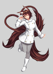 Rule 34 | 1girl, :p, animal ears, brown hair, commentary, grey background, lipe-san, multiple tails, original, pantyhose, simple background, solo, standing, standing on one leg, tail, tongue, tongue out, v over eye