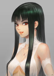 Rule 34 | 1girl, absurdres, artist logo, black hair, breasts, cleavage, cleavage cutout, clothing cutout, commentary, darkmuleth, detached sleeves, dress, earrings, grey background, hair over breasts, highres, jewelry, long hair, looking at viewer, medium breasts, necklace, original, parted lips, red eyes, red lips, revealing clothes, sidelocks, simple background, solo, underboob, upper body, white dress