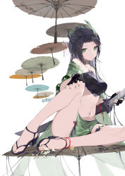 Rule 34 | 1girl, absurdres, bare shoulders, black gloves, black hair, blue umbrella, bodhi wushushenghua, breasts, brown umbrella, commentary request, fingerless gloves, forehead, gloves, green eyes, green nails, hand on own knee, highres, holding, holding sword, holding weapon, katana, long hair, looking at viewer, medium breasts, nail polish, navel, navel piercing, oil-paper umbrella, original, parted lips, piercing, sandals, sheath, sheathed, simple background, sitting, solo, sword, toenail polish, toenails, umbrella, very long hair, weapon, white background, zouri