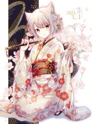 Rule 34 | 1girl, 2024, alternate costume, animal ear fluff, animal ears, cat ears, closed mouth, commentary request, dated, floral print, flower, flute, grey hair, hair flower, hair ornament, highres, holding, holding flute, holding instrument, instrument, japanese clothes, kimono, kneeling, looking at viewer, mio (xenoblade), new year, obi, pink flower, print kimono, sash, short hair, sitting, solo, ui frara, white flower, white kimono, wide sleeves, xenoblade chronicles (series), xenoblade chronicles 3, yellow eyes, yukata