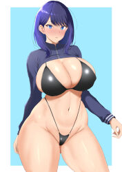 Rule 34 | 1girl, alternate breast size, bikini, black bikini, black hair, black jacket, blue eyes, blush, border, breasts, cleavage, clothes lift, commentary, commentary request, cowboy shot, gridman universe, highleg, highleg bikini, highres, jacket, jacket lift, large breasts, long hair, looking at viewer, navel, o-ring, o-ring bikini, parted lips, plump, ranhatu, simple background, ssss.gridman, standing, stomach, swimsuit, takarada rikka, thick thighs, thighs, wide hips
