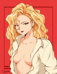 Rule 34 | 1girl, blonde hair, breasts, breasts apart, earrings, golden boy, jewelry, jokazard, lipstick, long hair, looking at viewer, makeup, medium breasts, no bra, onna shachou, open clothes, open shirt, red background, red lips, shirt, signature, simple background, solo, white shirt