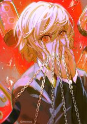 Rule 34 | 1boy, absurdres, air bubble, bad id, bad pixiv id, black jacket, black suit, blonde hair, blurry, broken glass, bubble, chain, collared shirt, covered mouth, depth of field, eyeball, formal, glass, hands on own face, hands up, highres, hunter x hunter, jacket, jewelry, kurapika, long sleeves, looking at viewer, male focus, mistcq, multiple rings, red eyes, ring, shards, shirt, short hair, solo, suit, tube, twitter username, upper body, white shirt