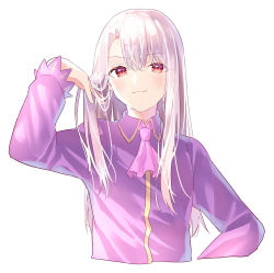Rule 34 | 1girl, absurdres, bad id, bad pixiv id, closed mouth, collared shirt, cropped torso, dress shirt, fate/stay night, fate (series), hair between eyes, hand in own hair, highres, illyasviel von einzbern, long hair, long sleeves, looking at viewer, lq saku, pink neckwear, purple shirt, red eyes, shirt, silver hair, simple background, smile, smug, solo, straight hair, upper body, white background, wing collar
