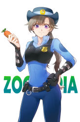Rule 34 | 1girl, badge, belt pouch, blue hat, blush, brown hair, carrot, closed mouth, copyright name, duplicate, eyelashes, hat, highres, holding, judy hopps, long hair, looking at viewer, personification, pixel-perfect duplicate, police, police uniform, policewoman, pouch, purple eyes, sanonoreku rlo, signature, smile, solo, uniform, white background, zootopia