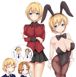 Rule 34 | 10s, 2girls, aged down, animal ears, bare shoulders, black legwear, black leotard, black skirt, blonde hair, blue eyes, blush, bow, bowtie, braid, breasts, cleavage, closed eyes, commentary request, covered erect nipples, covered navel, darjeeling (girls und panzer), detached collar, dress, fake animal ears, girls und panzer, hal (ojou), hat, imagining, jacket, large breasts, leotard, light smile, long hair, long sleeves, looking at viewer, military, military jacket, multiple girls, multiple views, necktie, open mouth, orange hair, orange pekoe (girls und panzer), pantyhose, playboy bunny, pleated skirt, rabbit ears, rabbit tail, sailor dress, sailor hat, skirt, smile, tail, tears, thighs, thought bubble, translation request, twin braids, uniform, white dress, wrist cuffs