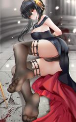 Rule 34 | 1girl, arms behind back, ass, black choker, black dress, black hair, black panties, blood, blood splatter, blush, bound, bound wrists, breasts, brown thighhighs, cameltoe, choker, crack, cracked floor, dagger, dress, gold hairband, groin, hair between eyes, hairband, highres, kamue, knife, legs, long hair, lying, medium breasts, no shoes, on side, panties, red eyes, see-through, see-through legwear, serious, sidelocks, soles, solo, spy x family, stiletto (weapon), thighhighs, thighs, toes, underwear, weapon, yor briar