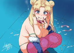 Rule 34 | 1girl, 2020, bare shoulders, bishoujo senshi sailor moon, blonde hair, blue eyes, blush, breasts, cigarette, cleavage, collar, commentary request, condom, cum, dated, derivative work, earrings, fishnet thighhighs, fishnets, jewelry, long hair, looking at viewer, medium breasts, meme, mizuryu kei, moon earrings, nail polish, pink thighhighs, sailor moon, sailor moon redraw challenge (meme), signature, skindentation, smoking, solo, squatting, thighhighs, topless, tsukino usagi, twintails, used condom, v