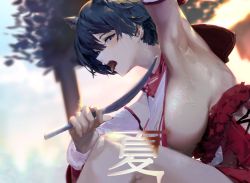 Rule 34 | 1girl, areola slip, arm up, armpits, black hair, blue archive, breasts, detached sleeves, fanning self, from side, hand fan, highres, huge breasts, kanji, looking at viewer, no bra, short hair, solo, sweat, nervous sweating, teeth, tongue, tongue out, tsubaki (blue archive), waterswing