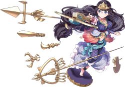 Rule 34 | 1girl, black hair, blue eyes, bowgun, breasts, crown, full body, holding, holding weapon, jewelry, kannonji (oshiro project), large breasts, long hair, midriff, navel, necklace, official art, oshiro project:re, oshiro project:re, sheep sleep, short sleeves, smile, solo, transparent background, very long hair, weapon