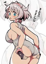 Rule 34 | 1girl, ahoge, ass, ass focus, ass grab, blue eyes, blush, breasts, elphelt valentine, from behind, gloves, grabbing own ass, guilty gear, guilty gear strive, hairband, hands on ass, highres, huge ass, itsuka neru, large breasts, leotard, looking back, open mouth, short hair, sideboob, simple background, spiked hairband, spikes, sweatdrop, thick thighs, thighs, white background, white hair