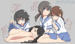 Rule 34 | 4girls, :&lt;, assisted exposure, barefoot, black hair, blue eyes, blue skirt, blush, brown eyes, brown hair, bubble, chestnut mouth, clothes lift, convenient leg, curled up, feet, fubuki (kancolle), hands on another&#039;s back, hatsuyuki (kancolle), heart, kantai collection, lap pillow, light smile, long hair, looking at viewer, lying, miyuki (kancolle), multiple girls, neckerchief, on floor, on side, one eye closed, peeking, ponytail, salpin, school uniform, serafuku, shirayuki (kancolle), short hair, shy, sitting, skirt, skirt lift, smile, sparkle, spread toes, thighs, toes, translated, waking up, wariza