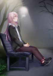 Rule 34 | 15pafe, 1girl, bare tree, bench, black footwear, black jacket, blurry, blurry background, breath, brown pants, can, commentary request, depth of field, drawstring, full body, highres, holding, holding can, hood, hood down, hoodie, ichigoha fue, jacket, lamppost, long hair, long sleeves, looking away, male focus, mashiro aa, night, on bench, open clothes, open jacket, outdoors, pants, park bench, parted lips, pink hair, profile, red eyes, shoes, sitting, solo, tree, virtual youtuber, white hoodie