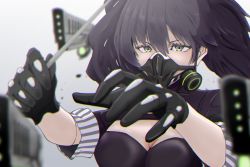 Rule 34 | 1ch, 1girl, conductor baton, black dress, black gloves, breasts, cleavage, dress, gas mask, girls&#039; frontline, gloves, gradient background, green eyes, grey background, gun, hair between eyes, highres, long hair, mask, medium breasts, sangvis ferri, scarecrow (girls&#039; frontline), shoro, solo, twintails, upper body, weapon