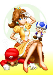 Rule 34 | 1girl, 2boys, big nose, blue eyes, breasts, brown hair, crown, dress, earrings, facial hair, flower earrings, gem, girl on top, gloves, grin, hand up, hat, high heels, highres, jewelry, legs, looking at viewer, lying, mario, mario (series), multiple boys, mustache, nintendo, orange dress, princess daisy, puffy short sleeves, puffy sleeves, short sleeves, sitting, sitting on person, smile, super mario bros. 1, super mario land, super smash bros., toad (mario), v, white gloves