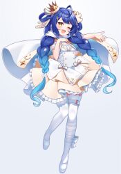 Rule 34 | 1girl, absurdres, ahoge, amamiya kokoro, bell, blue hair, braid, cape, crown, dress, frilled dress, frills, full body, gradient hair, hair bell, hair ornament, hair ribbon, hand on own chest, hand up, highres, leg ribbon, long hair, looking at viewer, low twin braids, mini crown, multicolored clothes, multicolored dress, multicolored hair, nijisanji, one eye closed, open mouth, outstretched arm, pantyhose, ribbon, shoes, simple background, solo, thigh strap, twin braids, virtual youtuber, white background, white cape, white dress, white footwear, white pantyhose, white ribbon, wotori, yellow dress