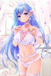 Rule 34 | 1girl, absurdres, bare shoulders, blue eyes, blue hair, bra, braid, branch, breasts, choker, cleavage, cowboy shot, curtains, earrings, emori miku, fishnet thighhighs, fishnets, flower, hair ornament, hair ribbon, hands up, haruyuki 14, heart, highres, huge filesize, jewelry, lace, lace-trimmed legwear, lace trim, lampshade, lingerie, liver city, long hair, looking at viewer, medium breasts, multi-strapped panties, navel, panties, petals, pink ribbon, ribbon, skindentation, smile, solo, stomach, thighhighs, thighs, underwear, underwear only, very long hair, white bra, white flower, white panties, window