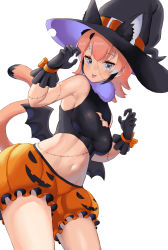 Rule 34 | 1girl, absurdres, animal costume, animal ear fluff, animal ears, bare shoulders, bat wings, blue eyes, caracal (kemono friends), caracal ears, clothing cutout, extra ears, gloves, halloween, halloween costume, hat, highres, kemono friends, kemono friends v project, long hair, looking at viewer, multicolored hair, orange hair, sawara noa, scarf, shirt, shorts, simple background, sleeveless, sleeveless shirt, solo, tail, tongue, virtual youtuber, wings
