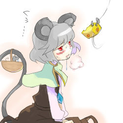 Rule 34 | 1girl, animal ears, bait, basket, blush, breath, cheese, drooling, female focus, fishing hook, food, grey hair, heavy breathing, jewelry, mouse (animal), mouse ears, mouse tail, nazrin, pendant, red eyes, saliva, sape (saperon black), short hair, solo, sweat, tail, tears, teasing, touhou