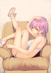Rule 34 | 10s, 1girl, arm on own head, asymmetrical footwear, bikini, bow, bow bikini, bow bra, bra, closed mouth, commentary request, couch, expressionless, from side, hand on own head, high heels, highres, kantai collection, masukuza j, mismatched footwear, on couch, pink hair, reclining, red eyes, sandals, short hair, side-tie bikini bottom, solo, swimsuit, tama (kancolle), underwear, wall, white bikini