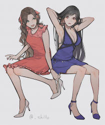 Rule 34 | 2girls, adjusting footwear, aerith gainsborough, aerith gainsborough (basic pink dress), alternate costume, armpits, arms behind head, arms up, asymmetrical bangs, bare arms, bare legs, bare shoulders, black hair, blue dress, blue footwear, blush, bracelet, breasts, brown eyes, brown hair, cleavage, dress, earrings, eyebrows hidden by hair, final fantasy, final fantasy vii, final fantasy vii remake, green eyes, grey background, hair ribbon, high heels, invisible chair, jewelry, knees together feet apart, large breasts, long hair, looking at another, looking to the side, multiple girls, neck, official alternate costume, open mouth, parted bangs, pink ribbon, red dress, red eyes, removing shoes, ribbon, shillo, short dress, simple background, sitting, sleeveless, sleeveless dress, small breasts, smile, square enix, straight hair, swept bangs, tifa lockhart, tifa lockhart (refined dress), wall market, wavy hair, white footwear